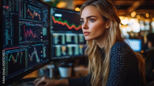 Focused businesswoman analyzing financial data on computer screens in office Free Download Focused businesswoman analyzing financial data on computer screens in office - GFXLoad
