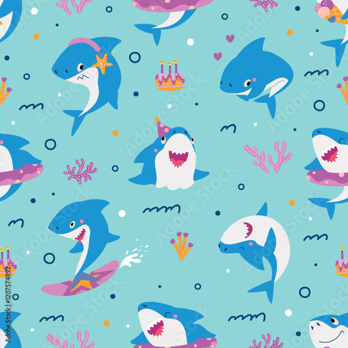 Funny shark seamless pattern. Cartoon positive emotional sharks activities. Cute underwater ocean animals print for fabric, nowaday vector background