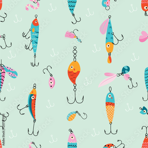 Fish lure seamless pattern. Doodle fishing lures and hooks, different bites. Fish catching hobby tools, print for fabric or wallpaper, nowaday vector background