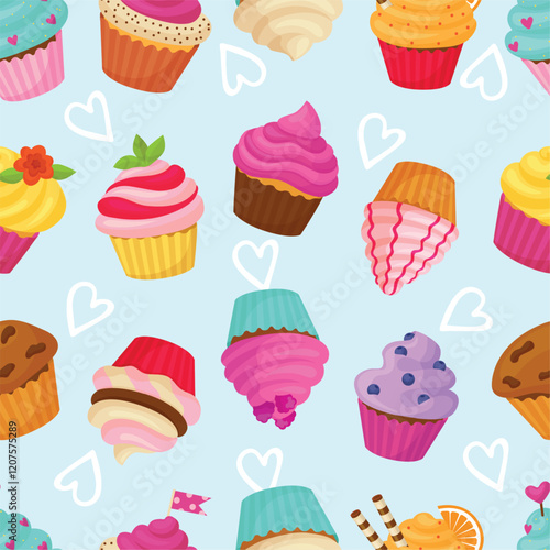 Cupcake seamless pattern. Cartoon cupcakes with creamy chocolate vanilla berries hats. Bakery cafe sweet dessert print design for textile, neoteric vector background