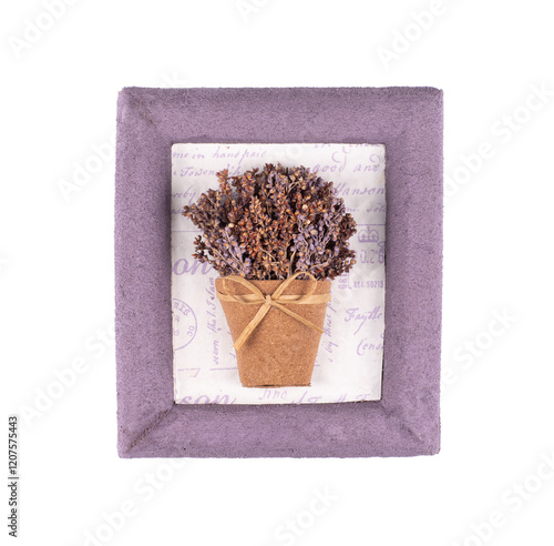 bouquet of dried flowers in frame isolated on white background