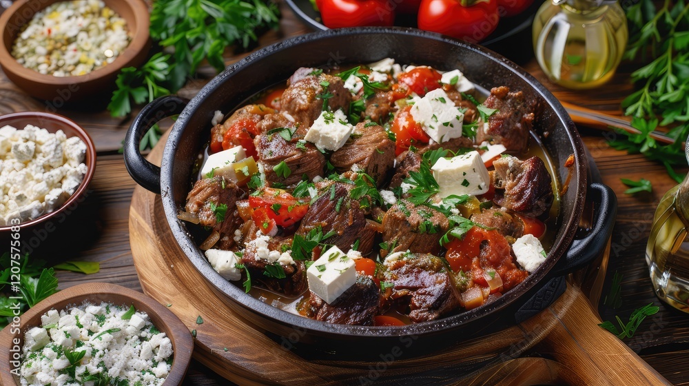 Savory Meat Dish with Tomatoes, Cheese, and Fresh Herbs Savory Meat Dish with Tomatoes, Cheese, and Fresh Herbs