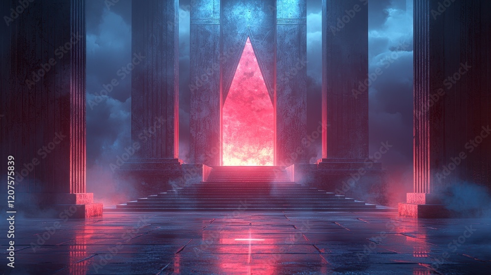 Glowing red triangle portal in ancient temple with blue lighting and fog.