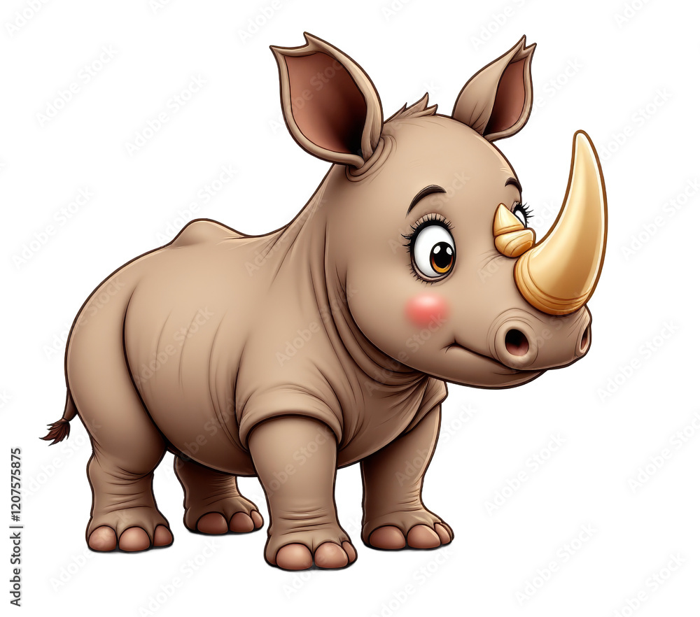 Naklejka premium Cartoon rhino with a golden horn, blush cheeks transparent background