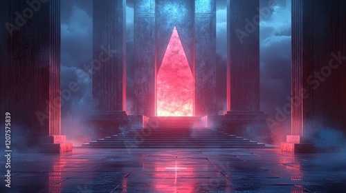 Obraz na płótnie Glowing red triangle portal in ancient temple with blue lighting and fog. w salonie