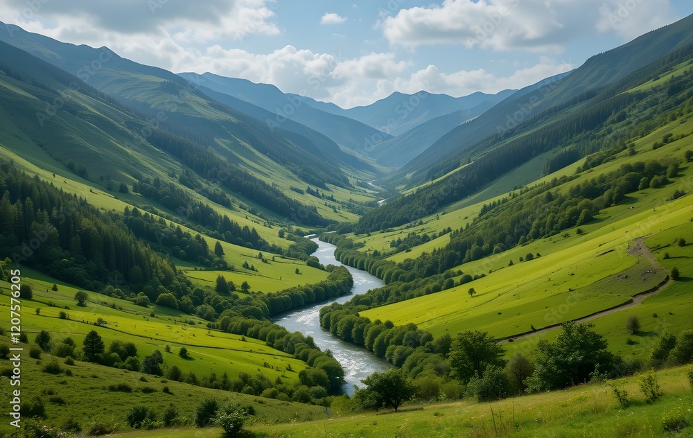 Scenic Green Valley with a Serene River Flowing Through It: Nature’s Beauty at Its Best Scenic Green Valley with a Serene River Flowing Through It: Nature’s Beauty at Its Best