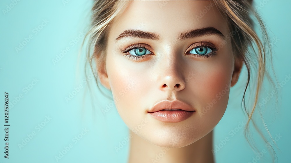 A college girl with beautiful blue eyes and a calm expression poses with a subtle smile, showcasing her youthful charm in a soft blue setting A college girl with beautiful blue eyes and a calm expression poses with a subtle smile, showcasing her youthful charm in a soft blue setting