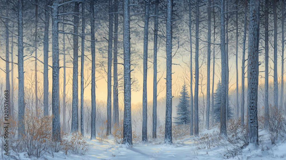 Fototapeta premium Serene Winter Forest Landscape with Snow-Covered Pine Trees and Golden Sunset Digital Artwork