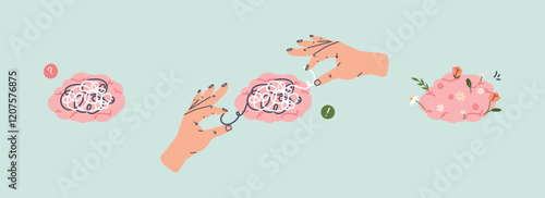 Brain transformation simply concept. Overloaded confusing solution, searching for answers to questions. Psychology or therapy support, calm mind, vector scene