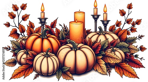 Autumnal arrangement with pumpkins, candles, and leaves.