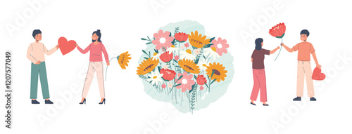 Couple with hearts and flowers. Young guys gifting girls flower. Romantic relationship, boyfriend and girlfriend. Spring summer floral bouquet, vector scenes