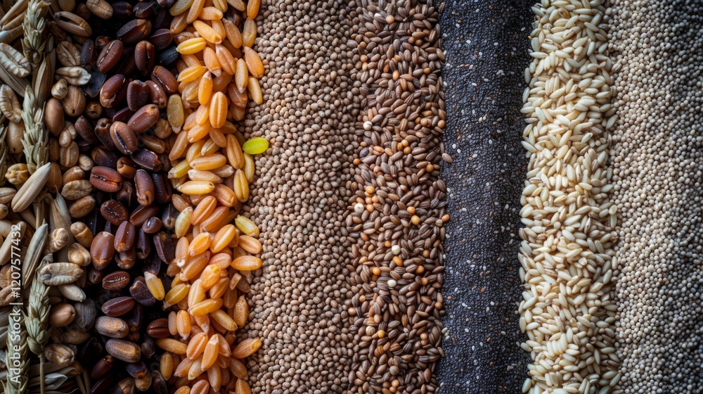 Obraz premium A variety of cereal crops in a close up view. Ideal for illustrating agricultural topics, cookery recipes and healthy eating.