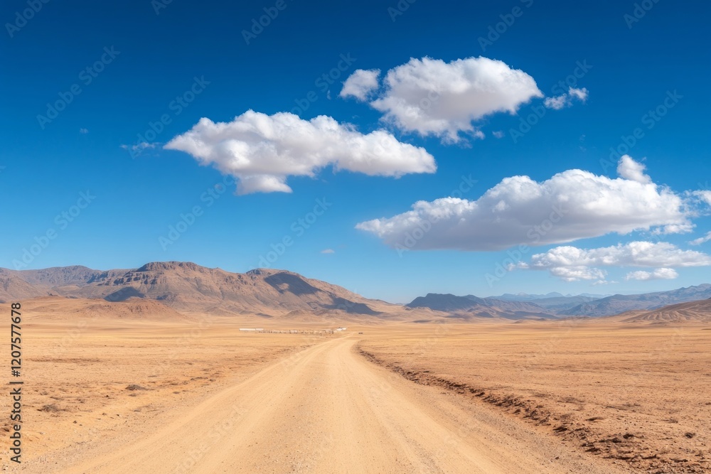 A wide dirt road stretching through a barren landscape under a blue sky. A wide dirt road stretching through a barren landscape under a blue sky.