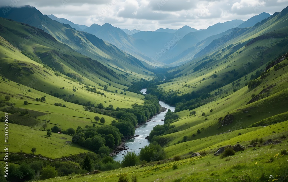 Scenic Green Valley with a Serene River Flowing Through It: Nature’s Beauty at Its Best Scenic Green Valley with a Serene River Flowing Through It: Nature’s Beauty at Its Best
