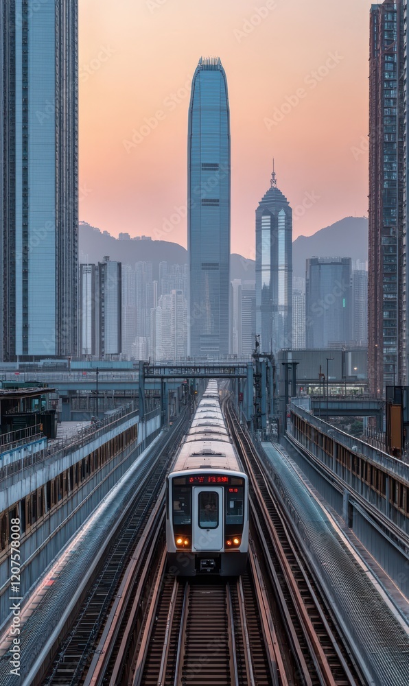 Fototapeta premium A majestic a stands gracefully on train tracks, framed by towering city buildings that touch the sky, blending nature with urban life.