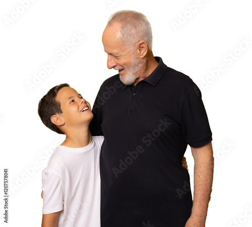 Grandfather and grandson smiling over transparent background. PNG transparent.