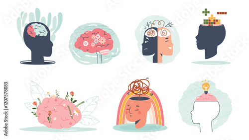 Mental problems and psychology diseases. Different ways of thinking, positive and negative, confronting yourself. Brain development, soft hard skills vector concepts