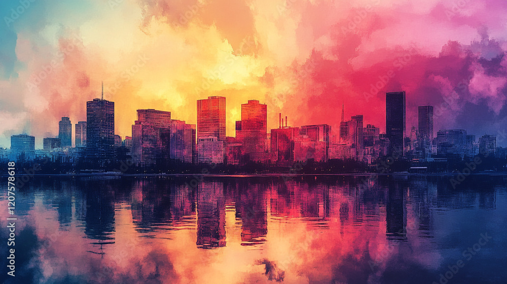 Sunset over a city skyline reflecting in water creates a vibrant visual spectacle Sunset over a city skyline reflecting in water creates a vibrant visual spectacle