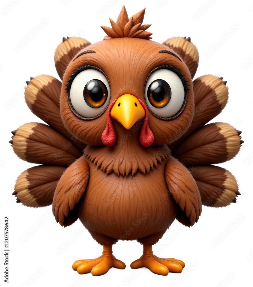 Fototapeta premium Cartoon turkey with brown feathers, yellow beak and orange feet