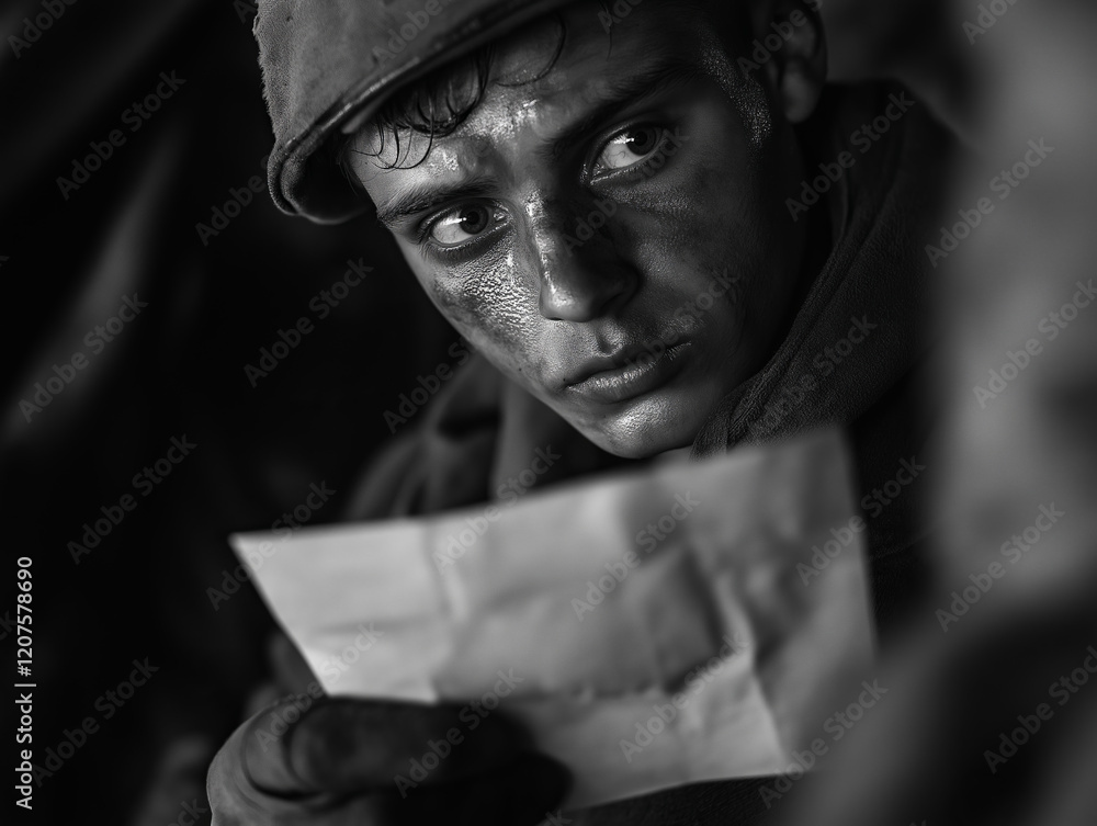 WWII soldier holding a letter from home, his hands trembling and eyes glistening with tears, with dramatic lighting capturing the raw emotion WWII soldier holding a letter from home, his hands trembling and eyes glistening with tears, with dramatic lighting capturing the raw emotion
