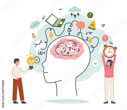 Overthinking brain. Overloaded person, multitasking and fatigue. Office worker, workaholic abstract character. Mental psychology health, vector concept