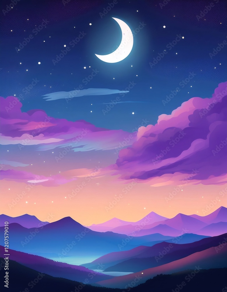 Fototapeta premium Lavender mountain peaks glowing under crescent moon, starry twilight casting ethereal light across tranquil wilderness landscape