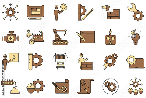 icon, engineer, industry, factory, structure, mechanical, civil, vector, worker, process, electrical, technology, blueprint, machinery, design, illustration, construction, set, engineering, tools, man