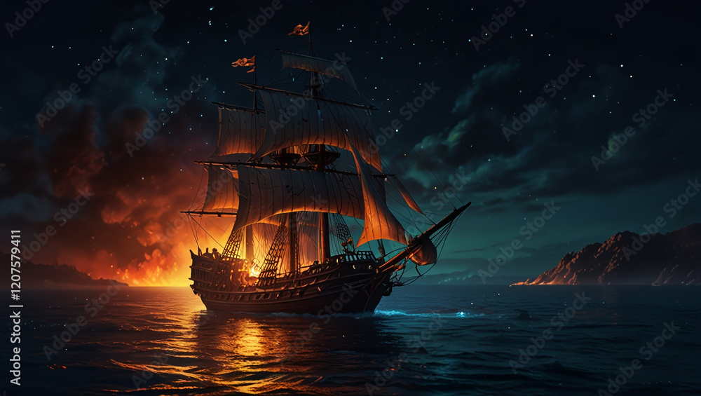 Fototapeta premium illustration of a pirate ship sailing on the sea at night, fire burning