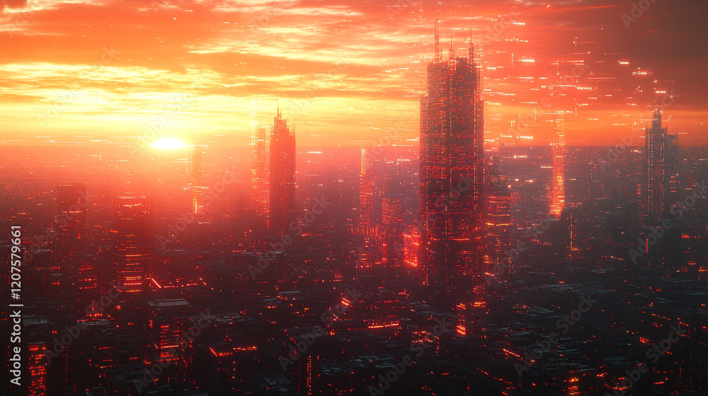 Fototapeta premium Vibrant sunset over a futuristic city landscape with glowing skyscrapers