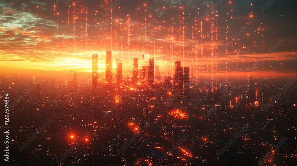 Fototapeta premium Urban skyline glows during sunset with fiery elements cascading from above