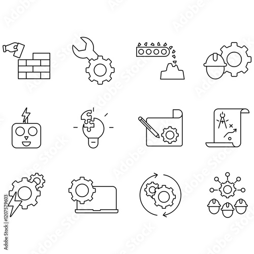 icon, engineer, industry, factory, structure, mechanical, civil, vector, worker, process, electrical, technology, blueprint, machinery, design, illustration, construction, set, engineering, tools, man