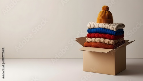 Stacked clothes for donation in a cardboard box. Winter clothes in a cardboard box. Seasonal clothing. Charity or donation drive backdrop with copy space.
