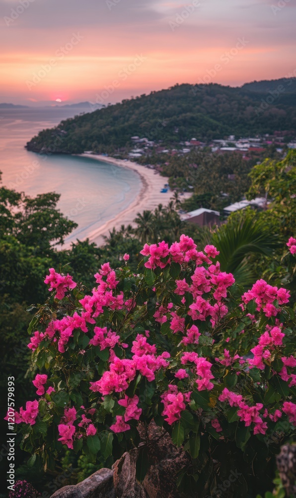 Fototapeta premium A vibrant vase of flowers rests on a rugged rock, casting a colorful contrast against the serene beach and shimmering waves in the background.