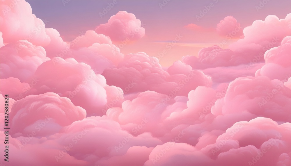Pink and purple clouds painting dramatic evening sky, casting serene light across peaceful landscape with stunning color gradient Pink and purple clouds painting dramatic evening sky, casting serene light across peaceful landscape with stunning color gradient