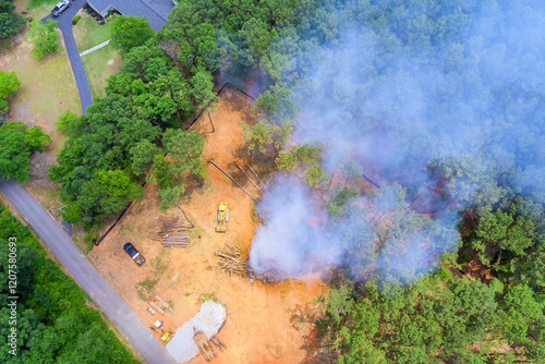 Controlled burn creates smoke as land clearing occurs in forested area, surrounded by trees, equipment. photo