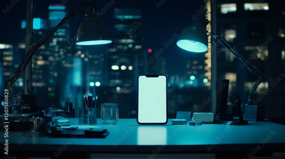 Night Cityscape View from Office Desk with Smartphone Night Cityscape View from Office Desk with Smartphone