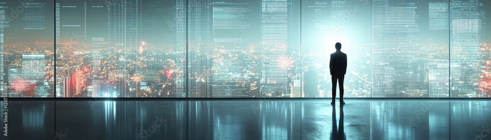Business Worker Visualizing Big Data in a Futuristic Cityscape Office Urban Environment Conceptual Viewpoint Business Worker Visualizing Big Data in a Futuristic Cityscape Office Urban Environment Conceptual Viewpoint