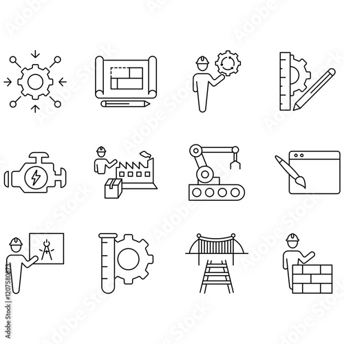 icon, engineer, industry, factory, structure, mechanical, civil, vector, worker, process, electrical, technology, blueprint, machinery, design, illustration, construction, set, engineering, tools, man