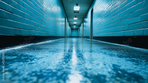 Blue Corridor: A long, dimly lit corridor with bright blue tiled walls and a reflective floor creates a sense of mystery and depth, leading the eye down a vanishing point. photo