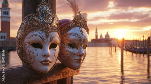 Two exquisite Venetian masks on a dock at sunset, capturing the essence of celebration and mystery. photo