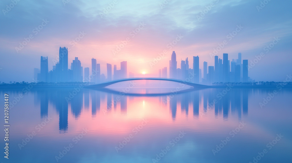 Sunset over city skyline with reflection on calm water in tranquil setting Sunset over city skyline with reflection on calm water in tranquil setting