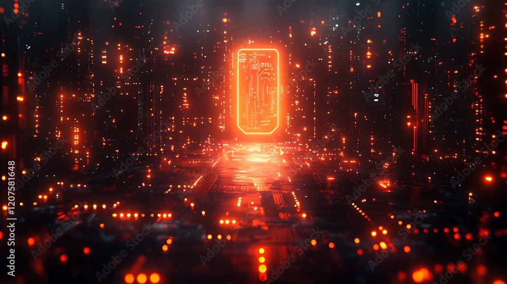 A glowing orange circuit board in a dark, futuristic city.