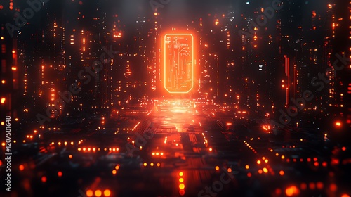 Obraz na płótnie A glowing orange circuit board in a dark, futuristic city. w salonie