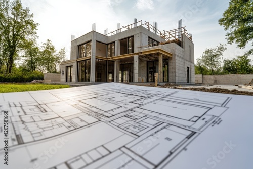 A vibrant scene of a house rising from the ground, surrounded by tools and blueprints, capturing the spirit of creation and dreams unfolding. photo