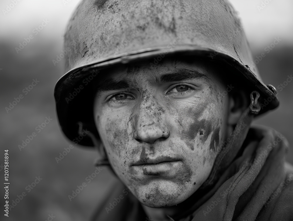 Portrait of a weary Second World War soldier with a helmet and dirt-smudged face, gazing into the distance with an expression of deep contemplation against a blurred battlefield background Portrait of a weary Second World War soldier with a helmet and dirt-smudged face, gazing into the distance with an expression of deep contemplation against a blurred battlefield background