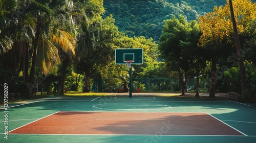 Outdoor Basketball Court Surrounded By Lush Tropical Greenery photo