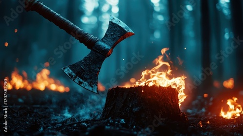 An impactful shot of an axe hovering above a blazing ground, illustrating the powerful connection between human tools and nature's wild fury in an evocative environment. photo