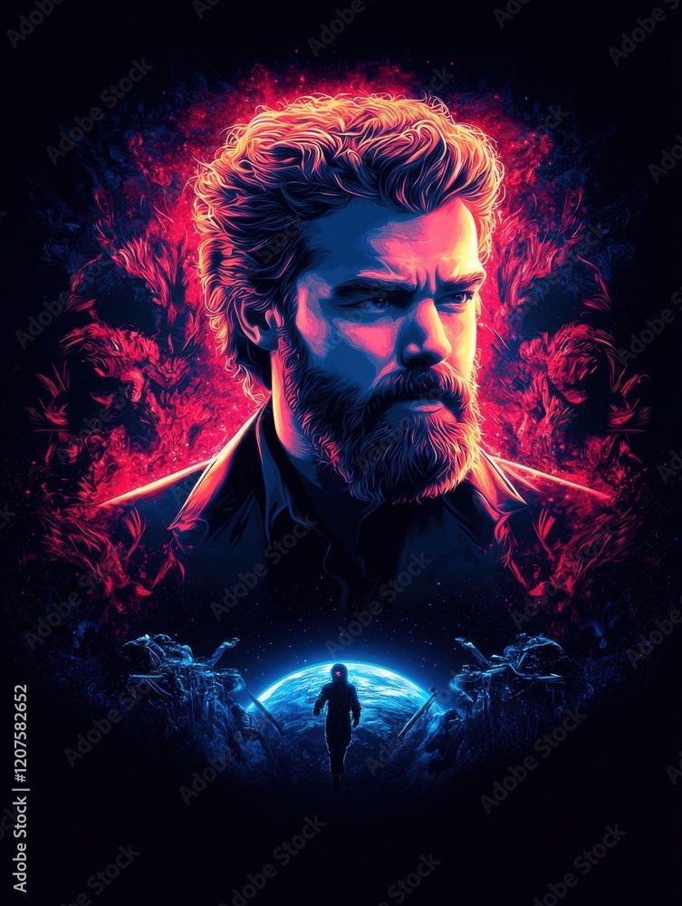 A man with a beard stands in front of a cosmic backdrop, illuminated by vibrant colors, evoking a sense of mystery and depth. A man with a beard stands in front of a cosmic backdrop, illuminated by vibrant colors, evoking a sense of mystery and depth.