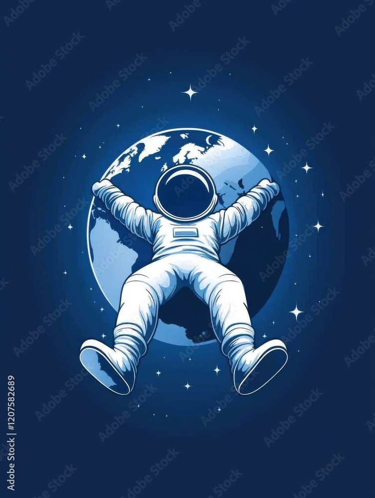 Fototapeta premium An astronaut floats in space, reaching toward Earth, surrounded by stars against a deep blue background.