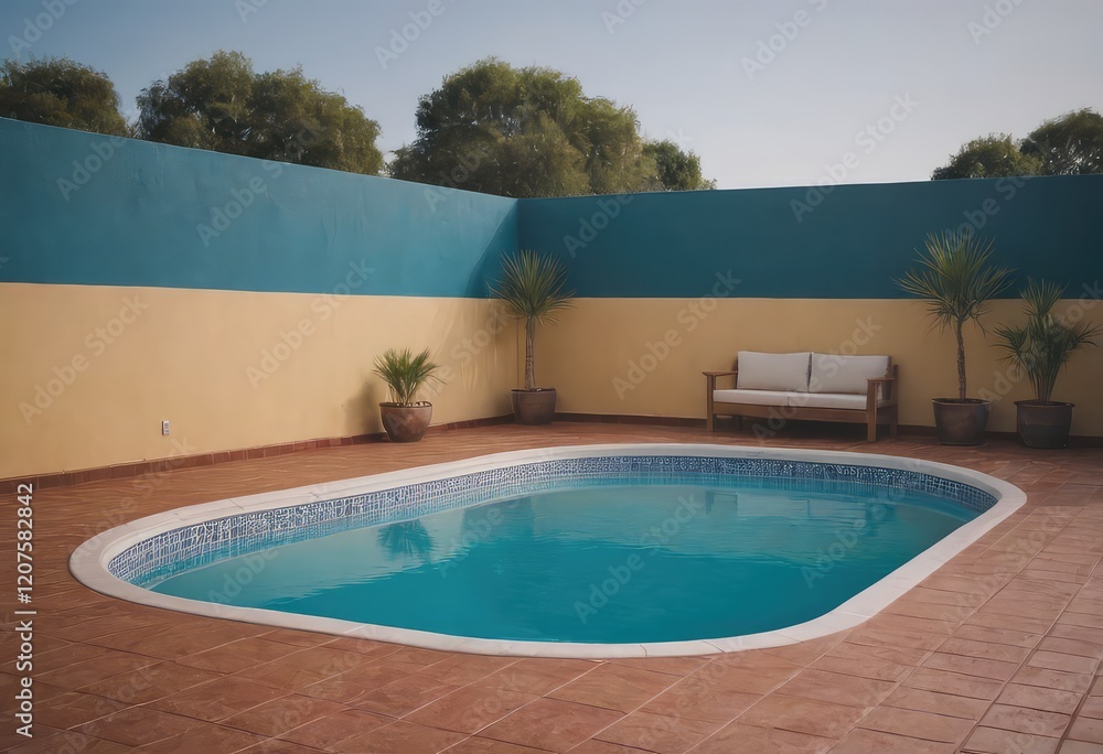 There is a beautiful swimming pool featuring a couch in the background